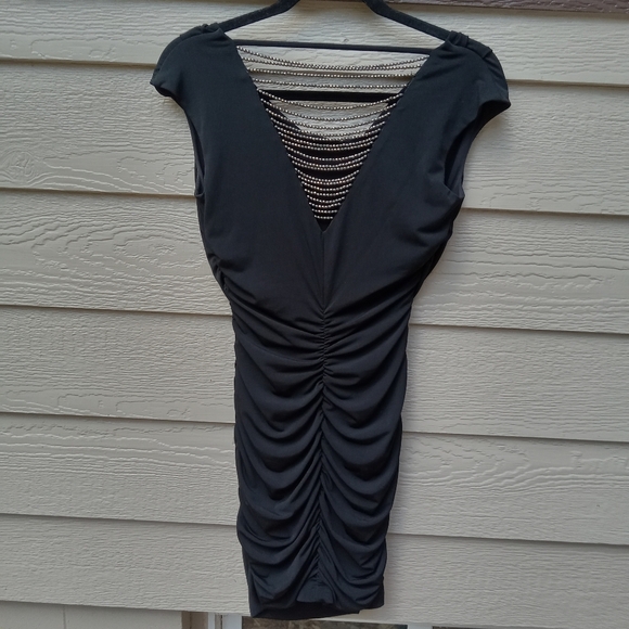 BCX Mini Bodycon Rouched Black Dress Cocktail Dress Beaded Back Opening Small - Picture 4 of 7